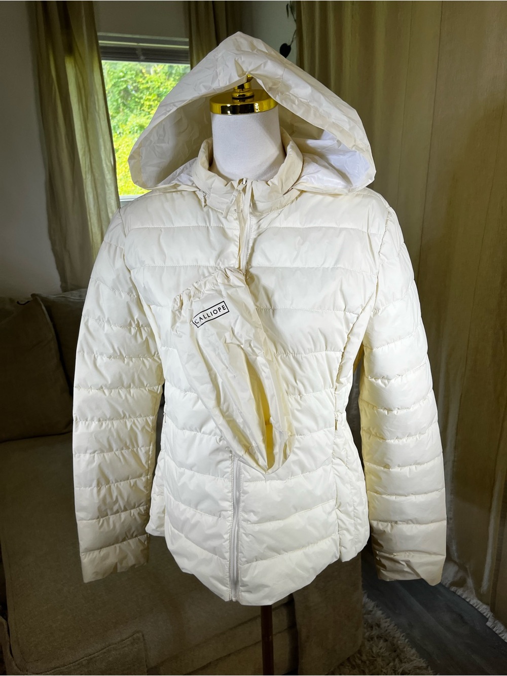 Calliope Italy Off-White Lightweight Packable Hooded Puffer Jacket, Size XL